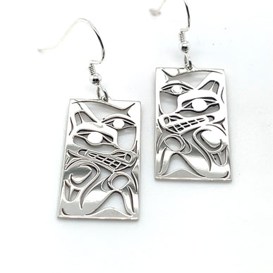 Earrings - Sterling Silver - Rectangle - Wolf - Moon