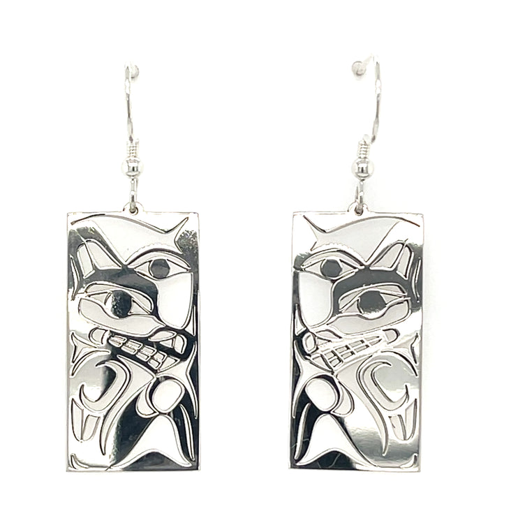 Earrings - Sterling Silver - Rectangle - Wolf - Moon