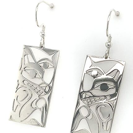 Earrings - Sterling Silver - Rectangle - Wolf - Moon