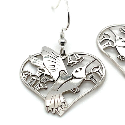 Earrings - Sterling Silver - Heart - Hummingbird