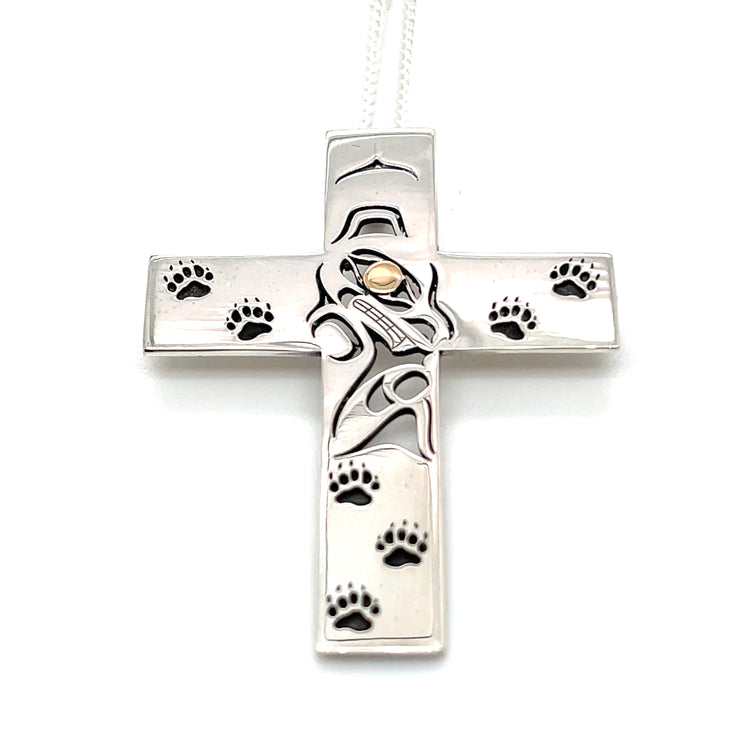 Pendant - Sterling Silver & 14k Yellow Gold - Cross - Bear