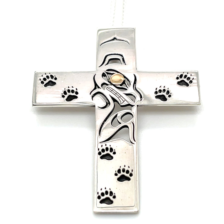 Pendant - Sterling Silver & 14k Yellow Gold - Cross - Bear