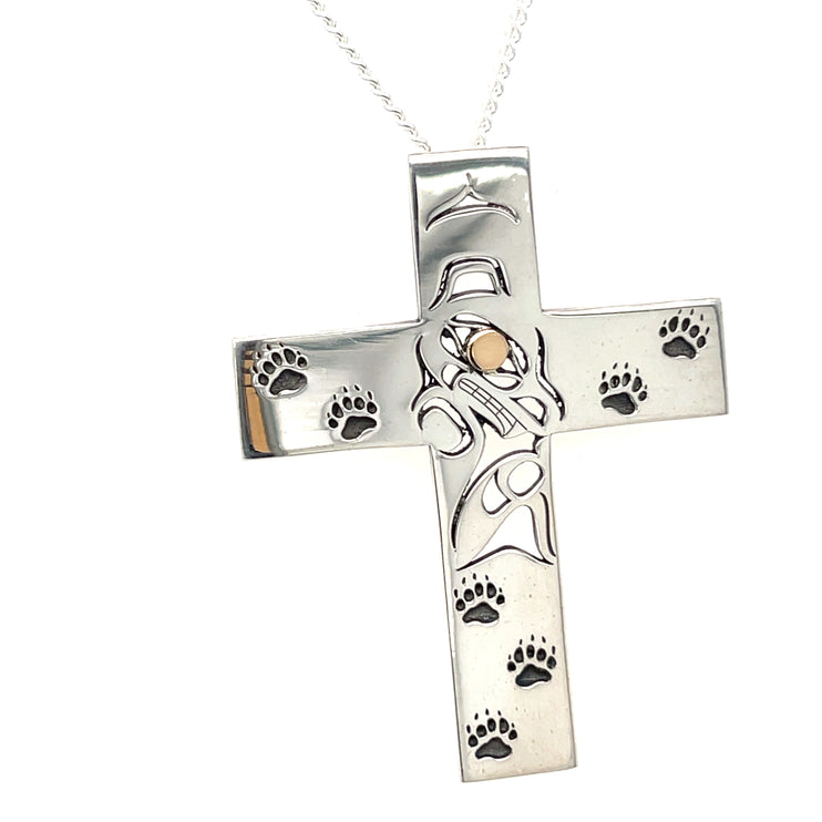 Pendant - Sterling Silver & 14k Yellow Gold - Cross - Bear