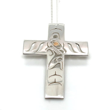 Pendant - Sterling Silver & 14k Yellow Gold - Cross - Wolf