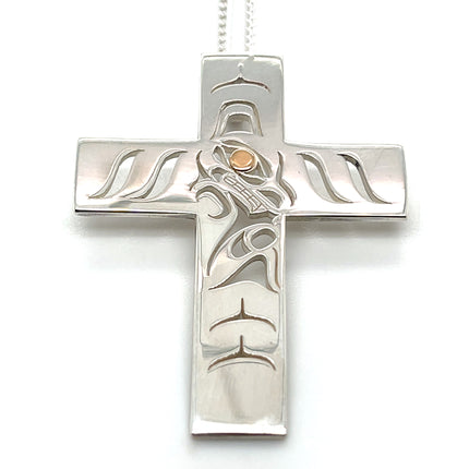 Pendant - Sterling Silver & 14k Yellow Gold - Cross - Wolf