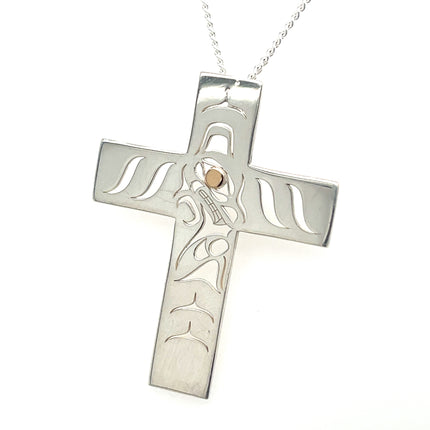 Pendant - Sterling Silver & 14k Yellow Gold - Cross - Wolf