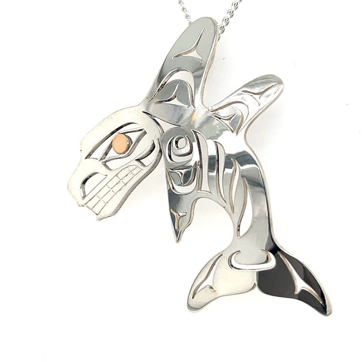 Pendant - Sterling Silver & 14k Yellow Gold - Double Fin Killer Whale