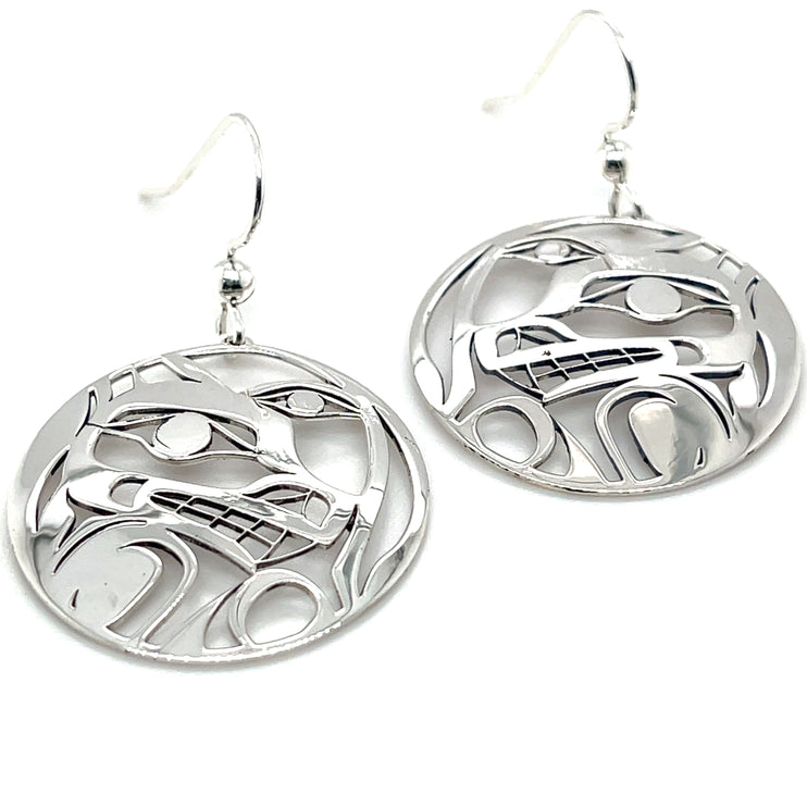 Earrings - Sterling Silver - Round - Wolf - Moon