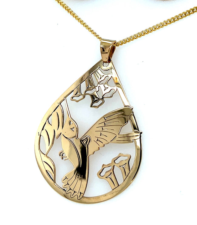 Pendant - 14k Yellow Gold - Teardrop - Hummingbird