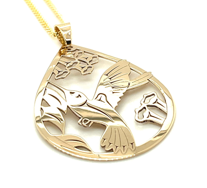 Pendant - 14k Yellow Gold - Teardrop - Hummingbird