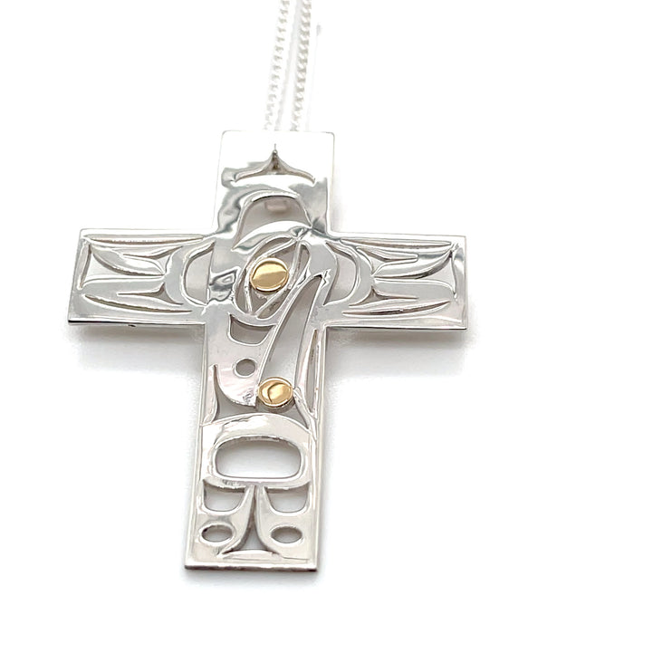 Pendant - Sterling Silver & 14k Yellow Gold - Cross - Raven